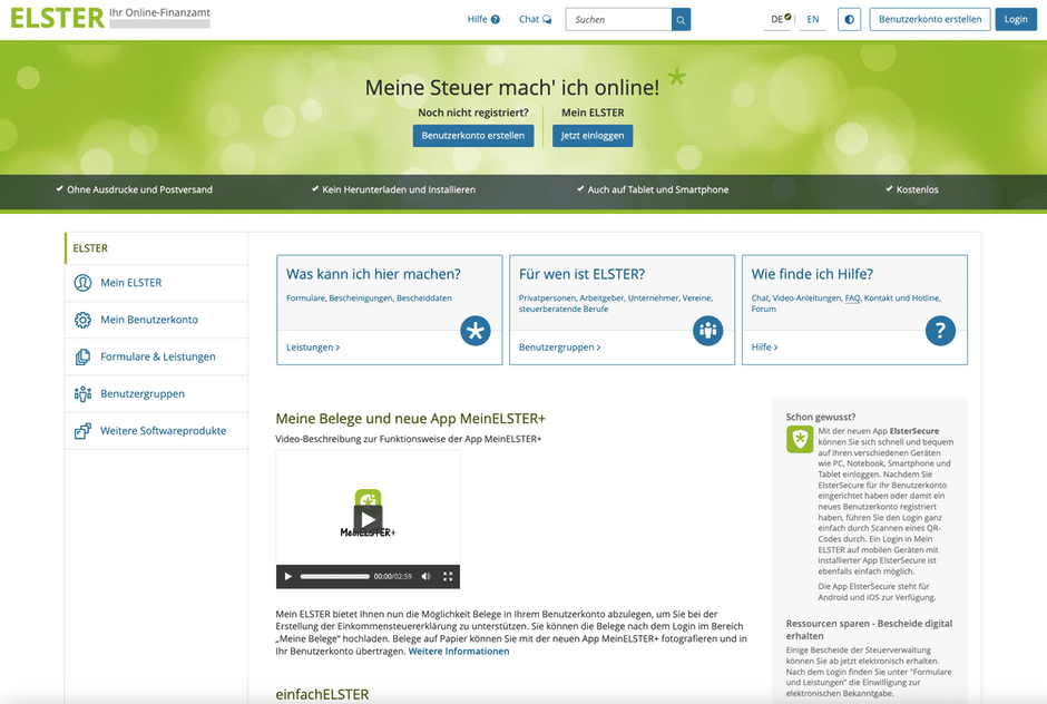 Elster Online Portal - Steuererklärung Selbstständigkeit